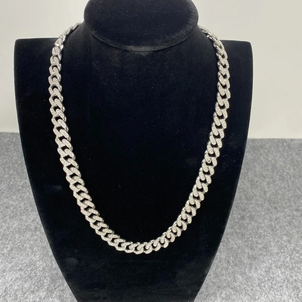 Iced Out White Gold Plated Cuban Link Chain 22in Rectangle Clamp Mens Necklace